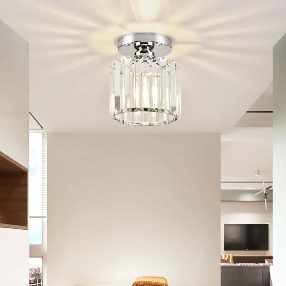 Cube Crystal Flush Mount Ceiling Light with Brass Frame 10 Inch for Bedroom Hallway Entryway Living Room Office Modern Home Lighting Fixture