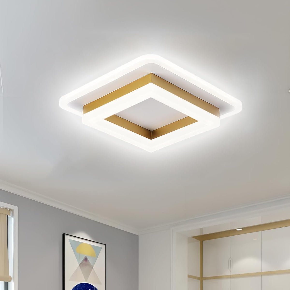 Square Flush Mount LED Ceiling Light 1920 Lumens for Bedroom Hallway Living Room Modern Geometric Low Profile Black White Layered Design Con