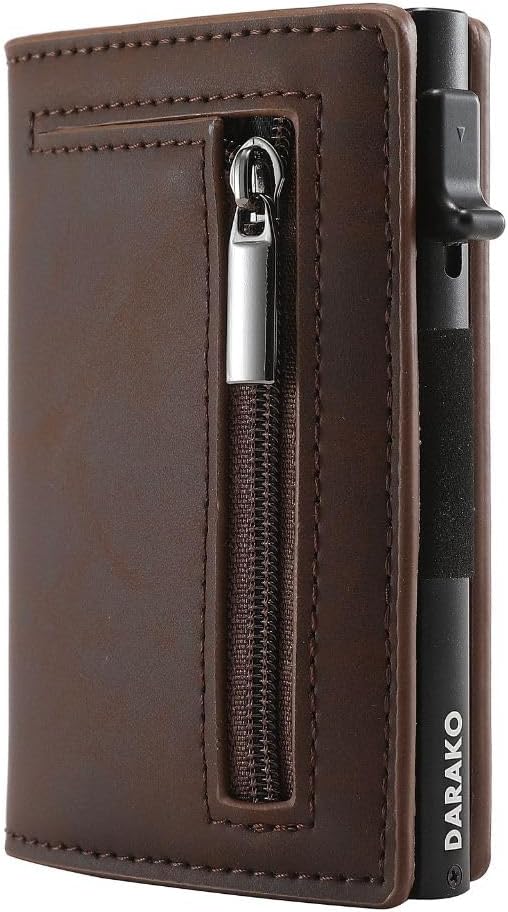 RFID-Blocking Slim Wallet with Quick-Access Card Slide for Men & Women, Genuine Leather & Aluminum Construction with Coin Pocket