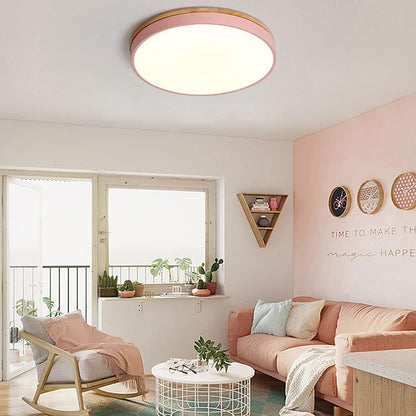 Round Wood Flush Mount LED Ceiling Light 3-Color Dimmable Scandinavian Style for Living Room Bedroom Kitchen