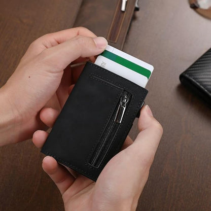 RFID-Blocking Slim Wallet with Quick-Access Card Slide for Men & Women, Genuine Leather & Aluminum Construction with Coin Pocket