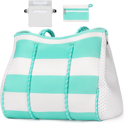 Neoprene Beach Bag with Inner Zipper Pocket, Large Beach Tote Bag with Purse, Machine Washable Travel Tote Bag