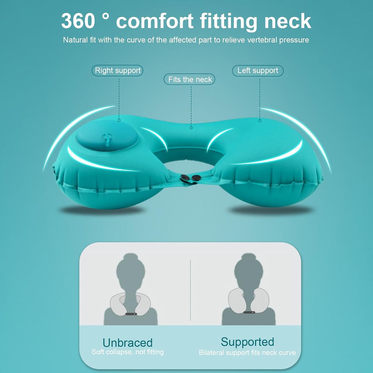 Inflatable Neck Travel Pillow with Built-In Hand Pump for Airplane, Car & Train Trips | Waterproof Ergonomic Support | Compact Portable Desi