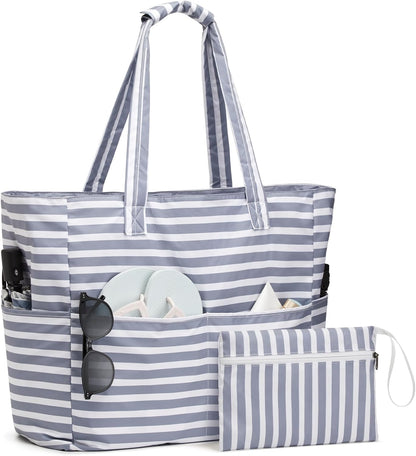 Beach Bag Waterproof and Sandproof, Foldable Beach Tote Bag with Wet Compartment, Extra Large Beach Bag for Travel