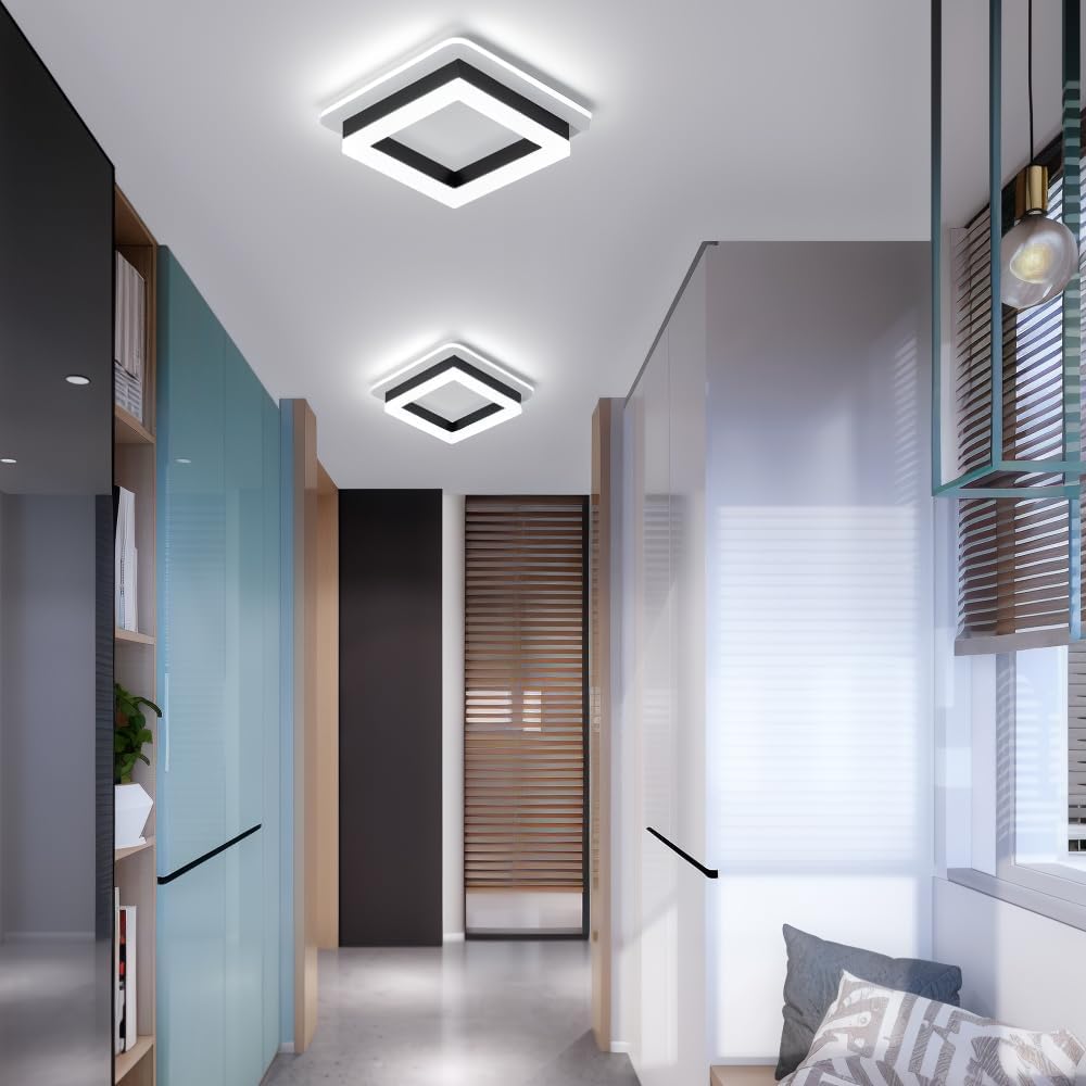 Flush Mount LED Light Fixture Square Layered Design 1920 Lumens for Bedroom Hallway Living Room Kitchen Den Black Gold Finish Contemporary M