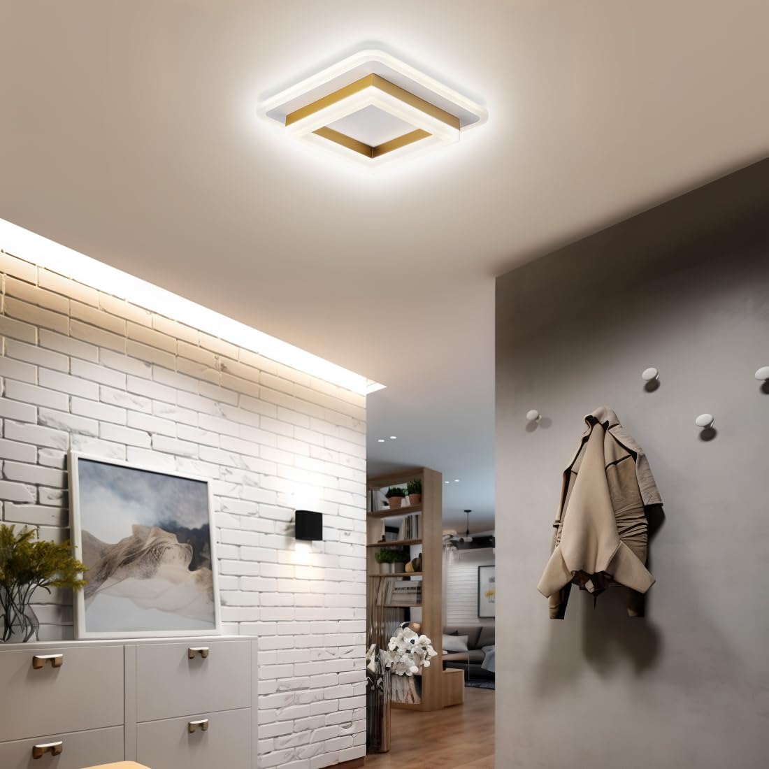 Flush Mount LED Light Fixture Square Layered Design 1920 Lumens for Bedroom Hallway Living Room Kitchen Den Black Gold Finish Contemporary M