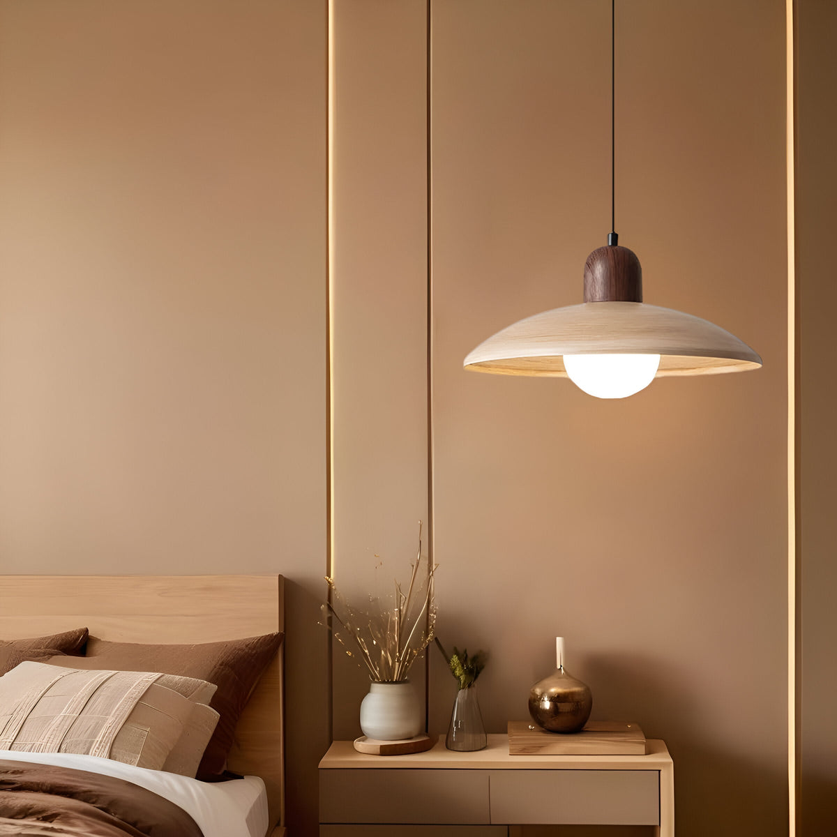 Wood Dome Ceiling Pendant 12 in Walnut Hanging Light for Kitchen Island Dining Table Minimalist Adjustable Cord E27 Socket 110V