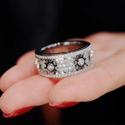 Rotating Gear Ring with 6 Moving Cogs – Stainless Steel Fidget Spinner Ring with Cubic Zirconia Stones for Focus & Stress Relief