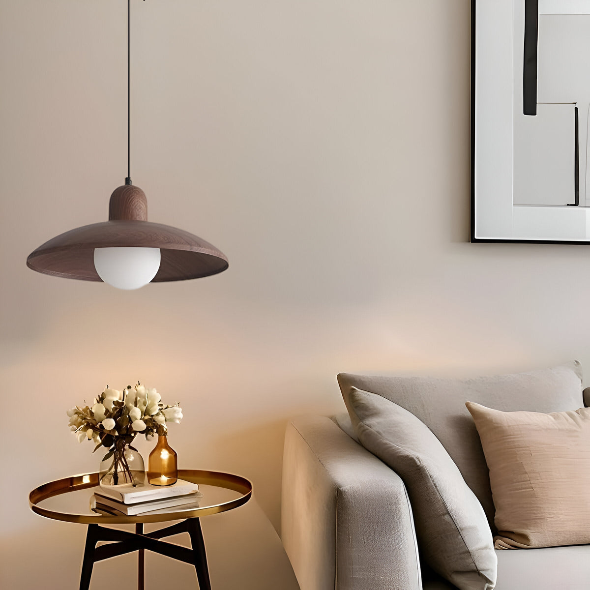 Wood Dome Ceiling Pendant 12 in Walnut Hanging Light for Kitchen Island Dining Table Minimalist Adjustable Cord E27 Socket 110V
