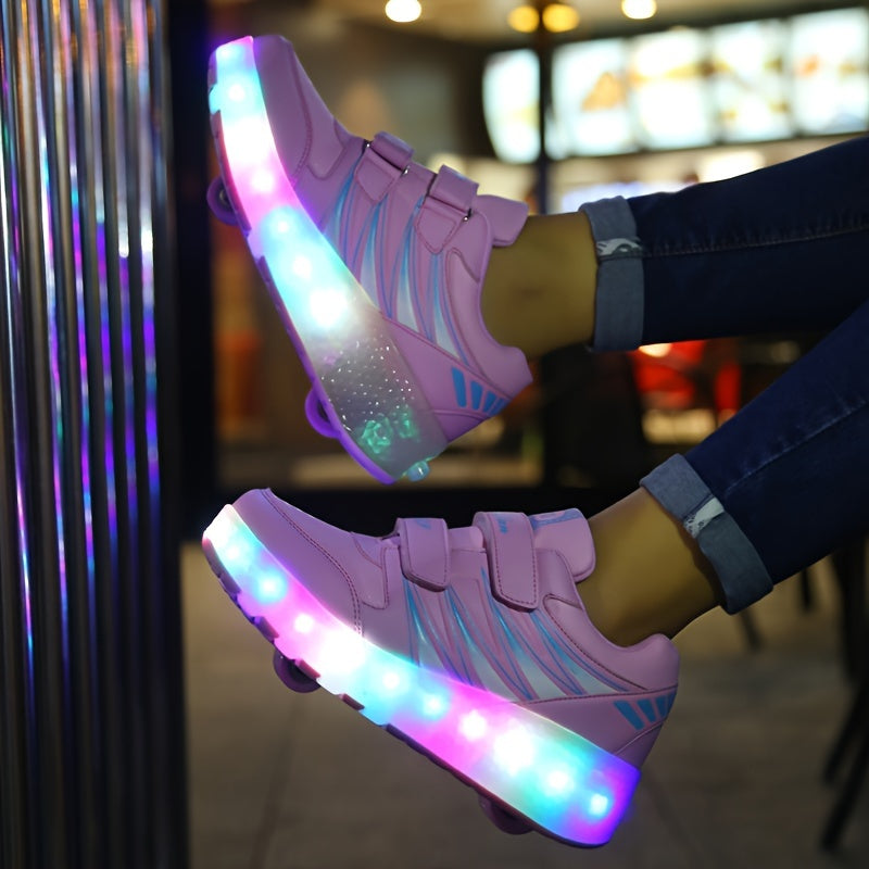 Kids Light-Up Wheeled Shoes with Removable Rollers LED Sneakers Hook-and-Loop Strap Pink Faux Leather for Boys Girls Active Play