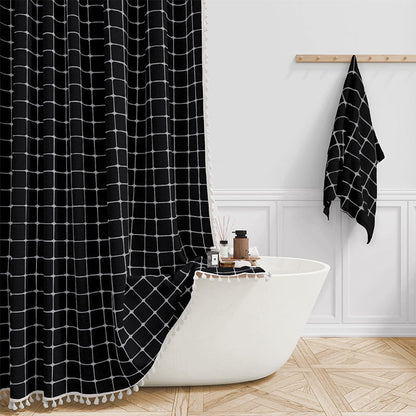 Waterproof Bath Curtain with Tassel Trim 71 x 79 Inches Gray Woven Linen Privacy Screen for Bohemian Bathrooms Country Style Decor Machine W