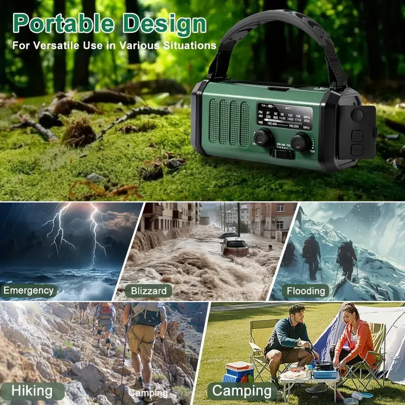 Emergency Hand Crank Weather Radio with 10000mAh Power Bank, Solar Charging, LED Flashlight, SOS Alarm for Camping Hiking Storms Blackouts