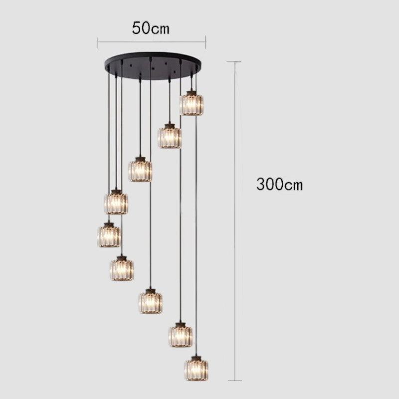 Multi-Tier Hanging Fixture with Crystal Droplets & Brass Frame for Two-Story Foyer, Dining Room, Stairwell – Adjustable Height Spiral Arrang