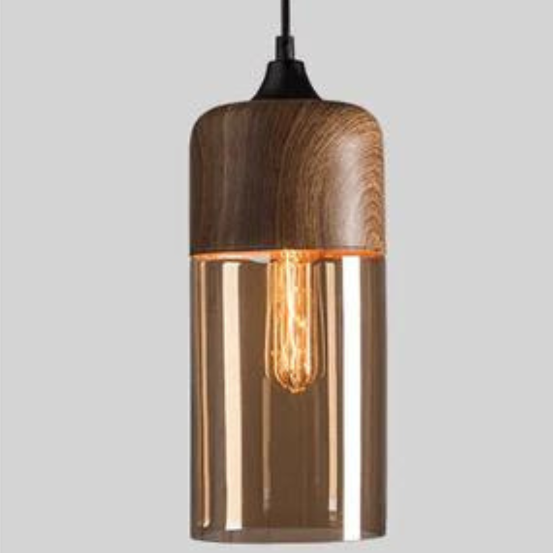 Glass Pendant Light with Wood-Look Metal – Scandinavian Hanging Fixture for Dining Room, Bedroom & Living Room