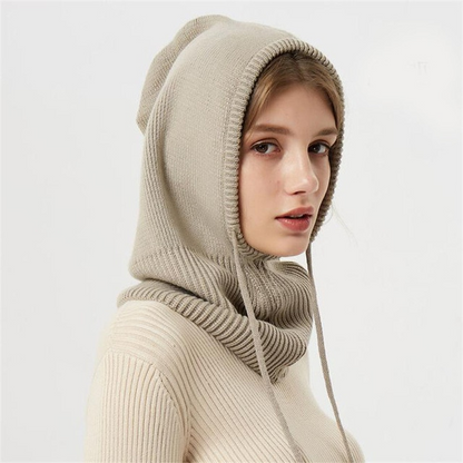 Hooded Knit Hat with Drawstring Adjustable Fit Cold Weather Headwear for Women Fall Season Accessory