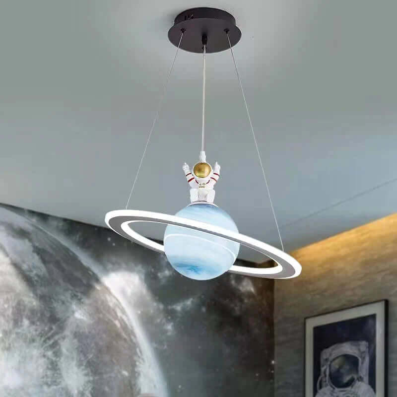 Space Planet LED Pendant Light for Kids Room – Glowing Saturn & Earth Ceiling Lamp with Astronaut Option