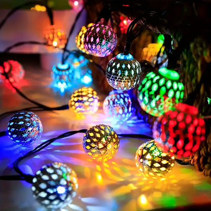 Moroccan Metal Globe String Lights Solar Powered Outdoor Patio Decor 20-30 Warm White LED Orbs Bohemian Weatherproof Garden Balcony