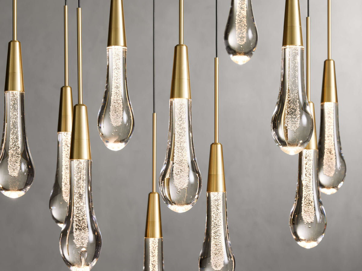Cascading Raindrop Linear LED Chandelier – Textured Glass Orbs, Adjustable Height, Vaulted Ceiling Ready – 37 to 120 Inch Options for