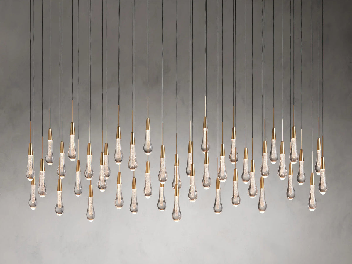Cascading Raindrop Linear LED Chandelier – Textured Glass Orbs, Adjustable Height, Vaulted Ceiling Ready – 37 to 120 Inch Options for