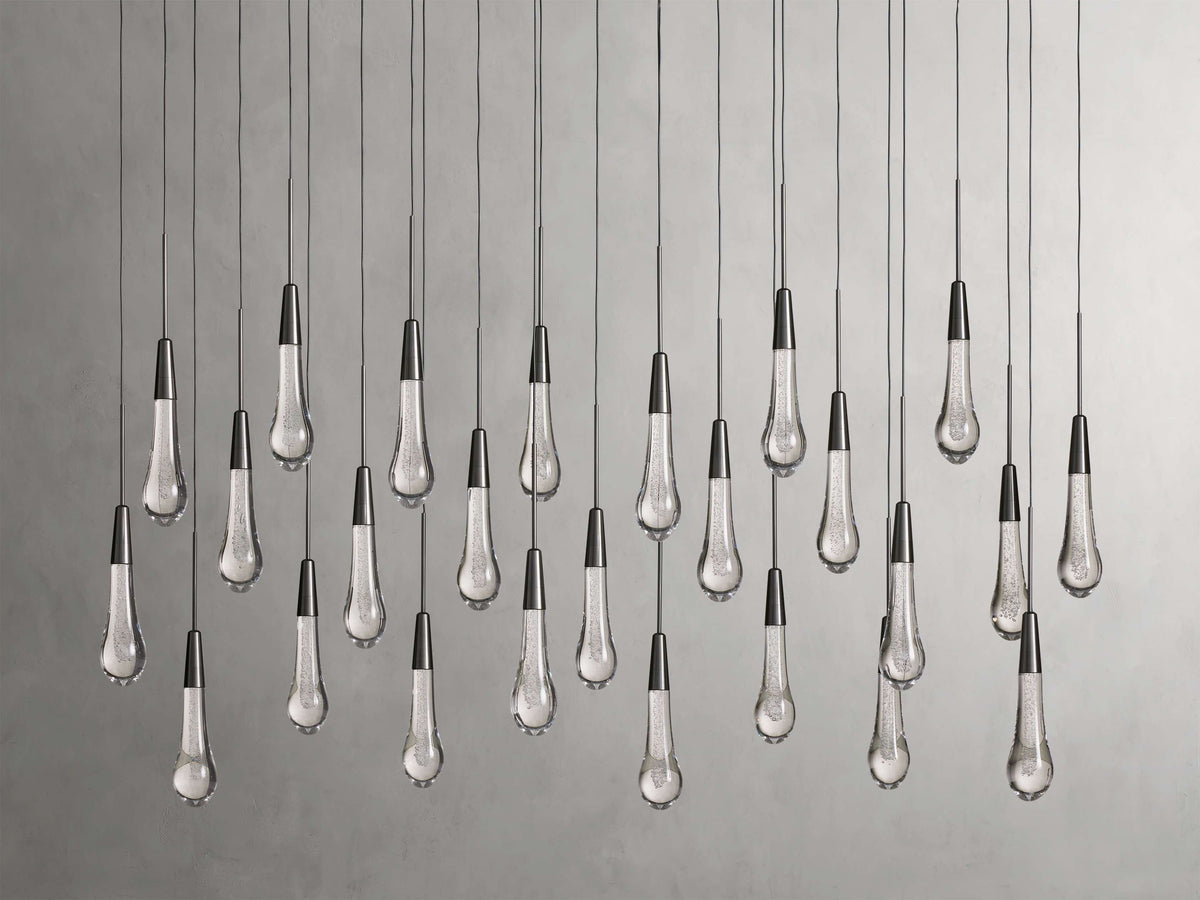 Cascading Raindrop Linear LED Chandelier – Textured Glass Orbs, Adjustable Height, Vaulted Ceiling Ready – 37 to 120 Inch Options for