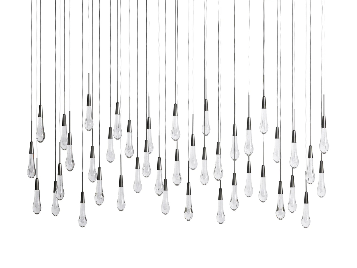 Cascading Raindrop Linear LED Chandelier – Textured Glass Orbs, Adjustable Height, Vaulted Ceiling Ready – 37 to 120 Inch Options for