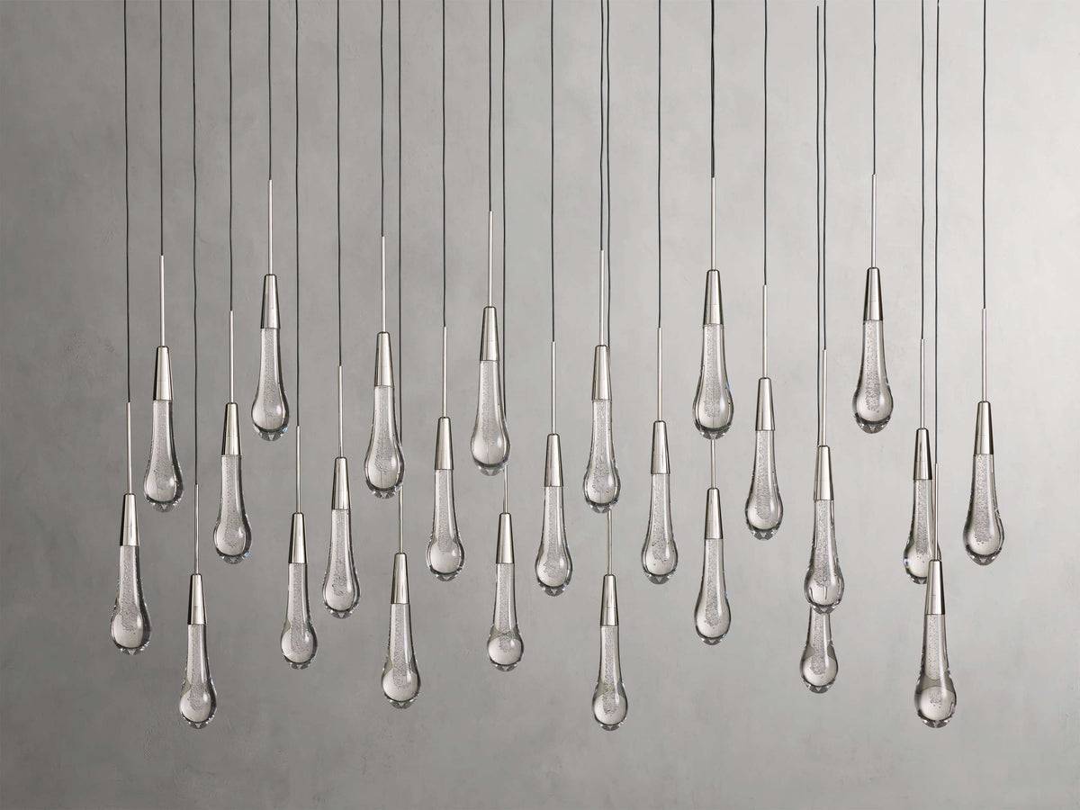 Cascading Raindrop Linear LED Chandelier – Textured Glass Orbs, Adjustable Height, Vaulted Ceiling Ready – 37 to 120 Inch Options for