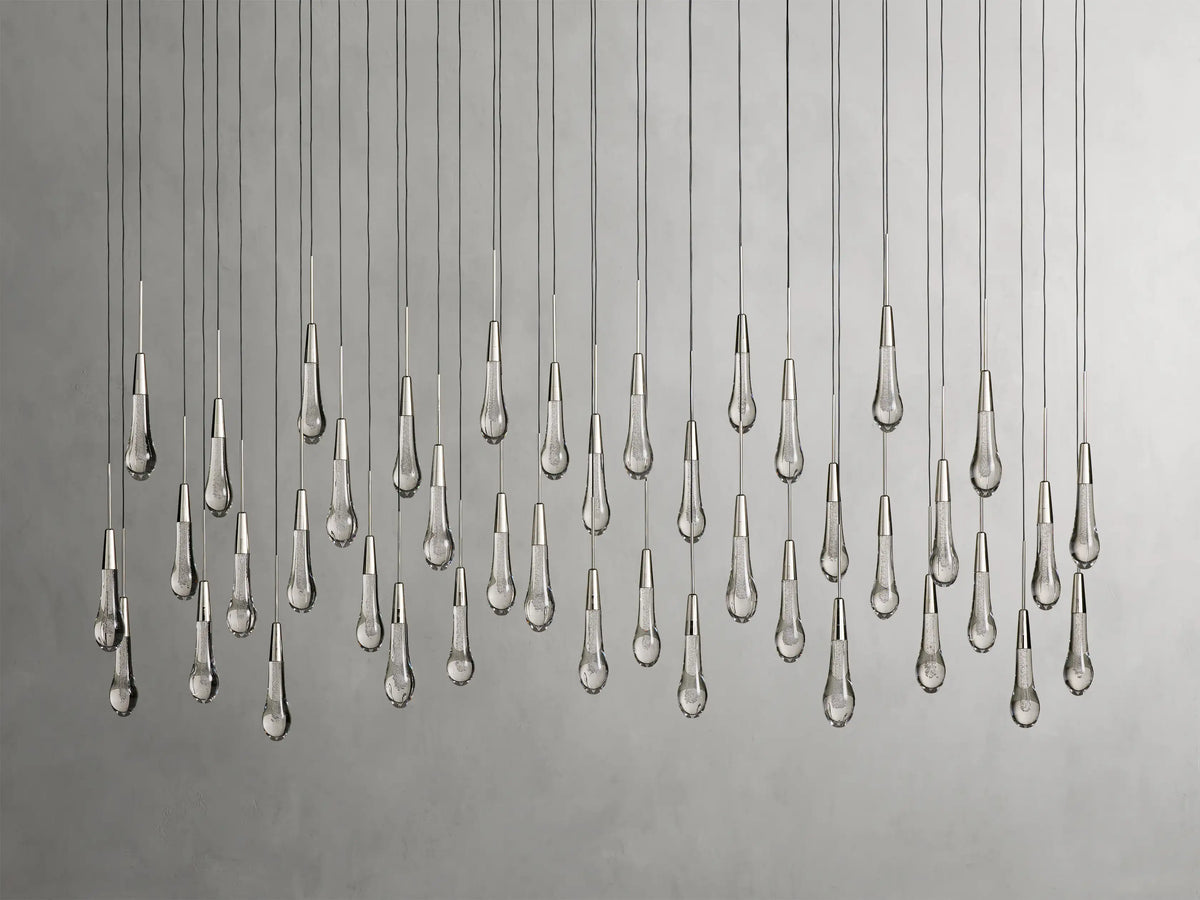 Cascading Raindrop Linear LED Chandelier – Textured Glass Orbs, Adjustable Height, Vaulted Ceiling Ready – 37 to 120 Inch Options for