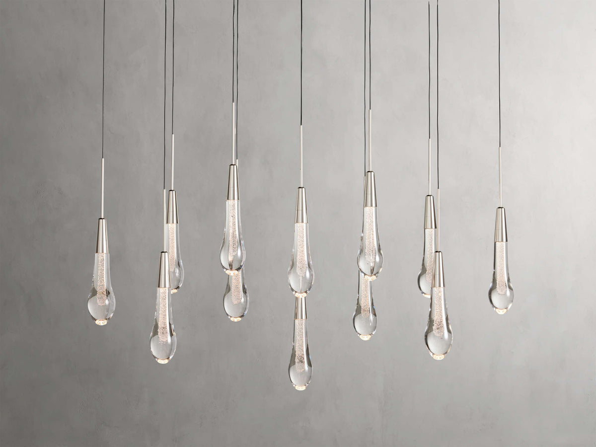Cascading Raindrop Linear LED Chandelier – Textured Glass Orbs, Adjustable Height, Vaulted Ceiling Ready – 37 to 120 Inch Options for