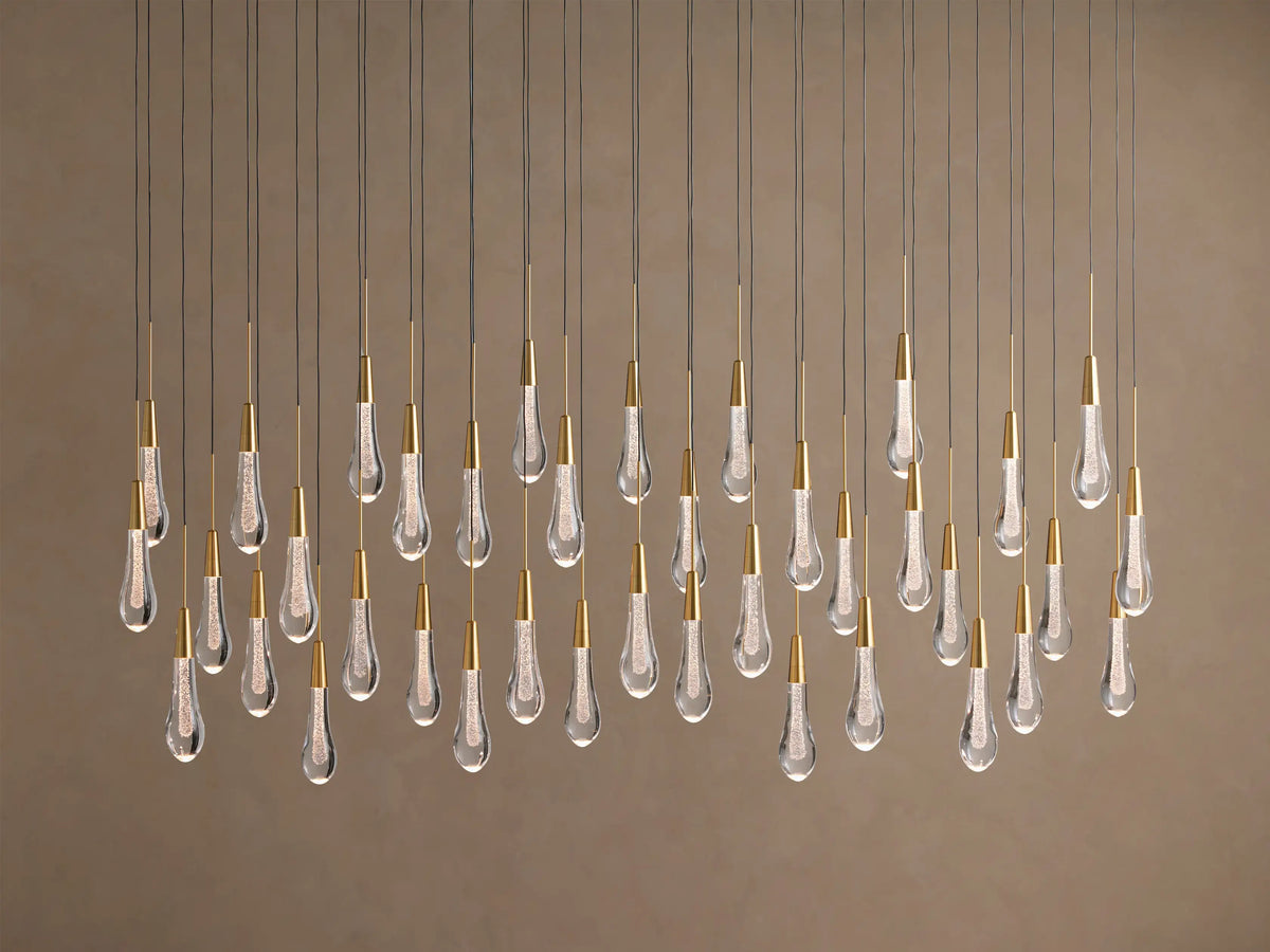 Cascading Raindrop Linear LED Chandelier – Textured Glass Orbs, Adjustable Height, Vaulted Ceiling Ready – 37 to 120 Inch Options for