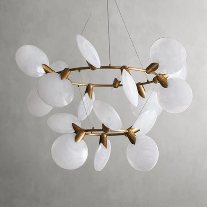 Double-Ring Glass Disc Chandelier with 18 LED Lights – Handblown Art Glass Ceiling Fixture for Dining Room Living Room – Adjustable Drop