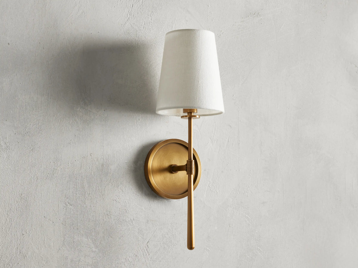 Textured Linen Shade Wall Sconce – Hardwired Single Light Fixture for Living Room, Bathroom & Office – Tapered Torch Design