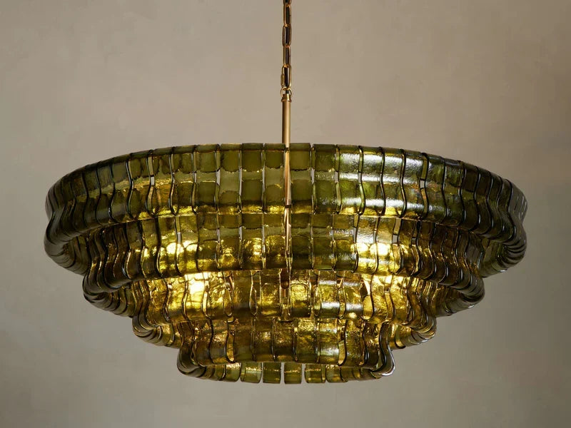 Textured Glass Round Chandelier with Curved Panels in Metallic Finish for Dining Room & Living Room | 24 to 60 Inch
