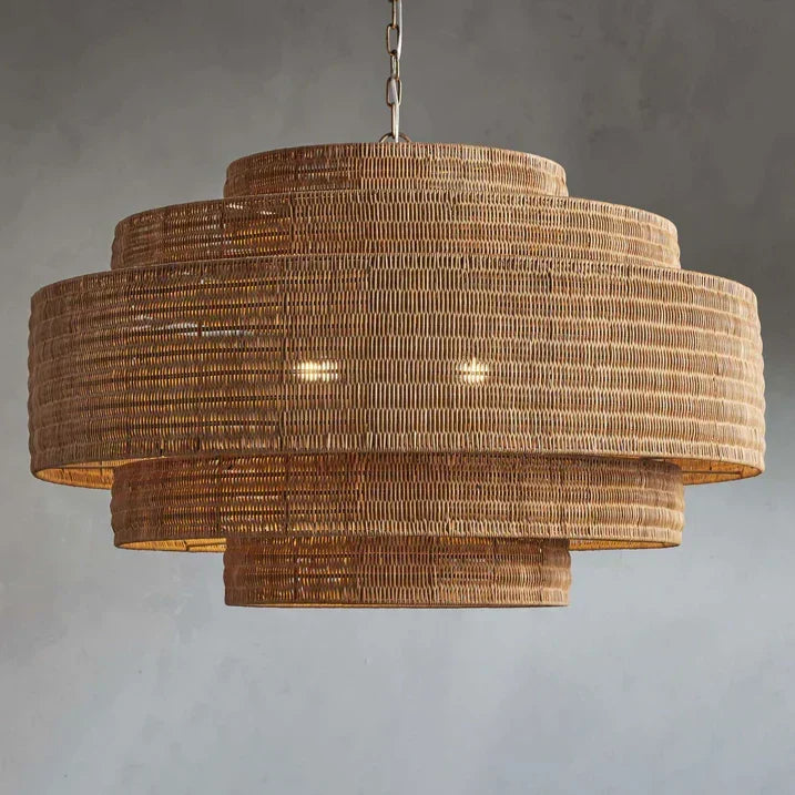 Woven Rattan Ceiling Chandelier with Layered Dome Shade – 28 or 40 Inch Natural Boho Pendant Light for Dining Room, Bedroom, Living Room