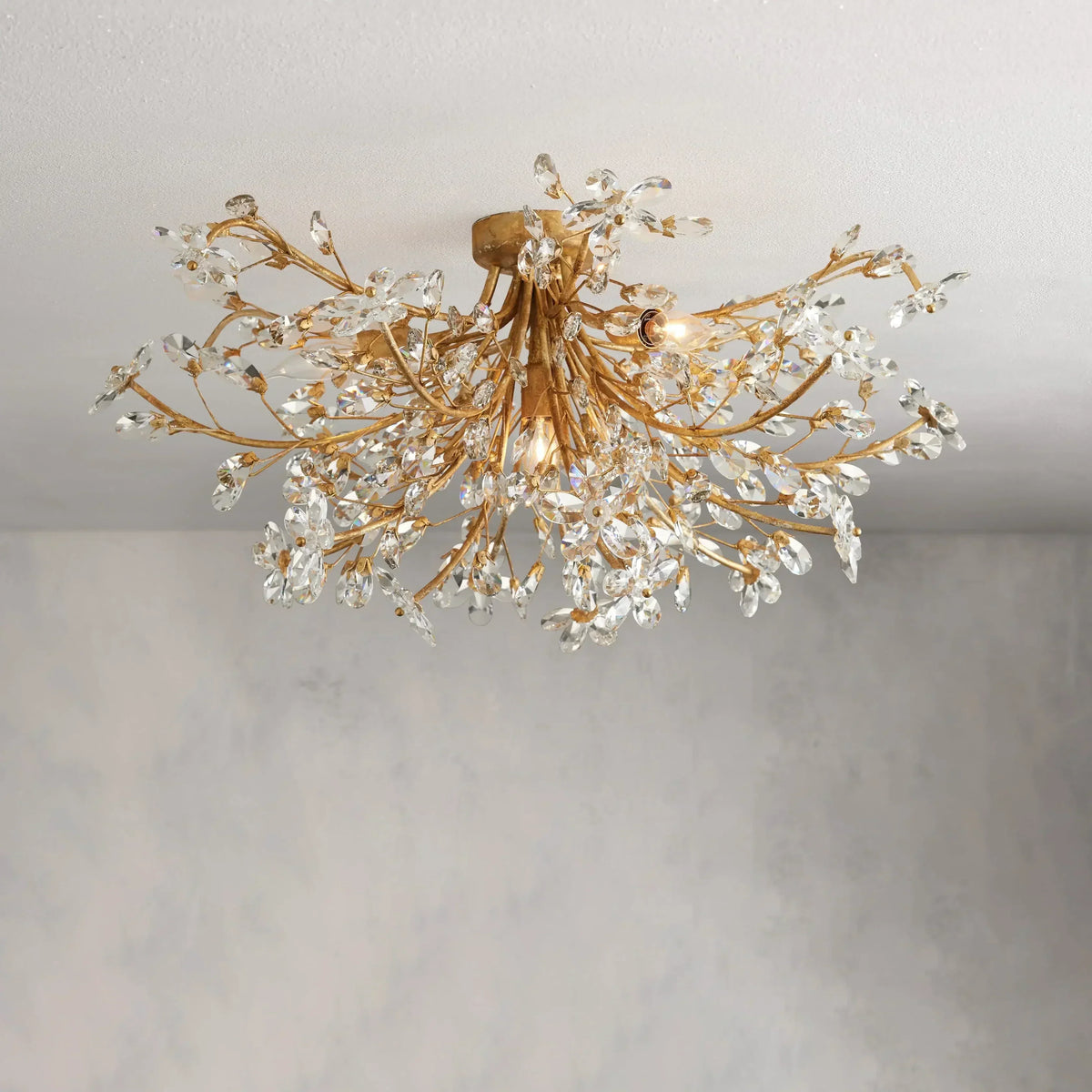 Crystal Flower Ceiling Light Fixture 27.5 inch Flush Mount Iron Frame Handcrafted Floral Design Ambient Lighting for Living Room Bedroom