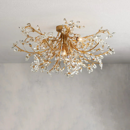 Crystal Flower Ceiling Light Fixture 27.5 inch Flush Mount Iron Frame Handcrafted Floral Design Ambient Lighting for Living Room Bedroom