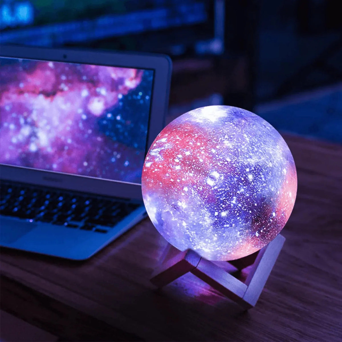 3D Printed Lunar Surface Night Light with Remote Control 16-Color LED Sphere on Wood Base for Bedroom Desk Space Decor