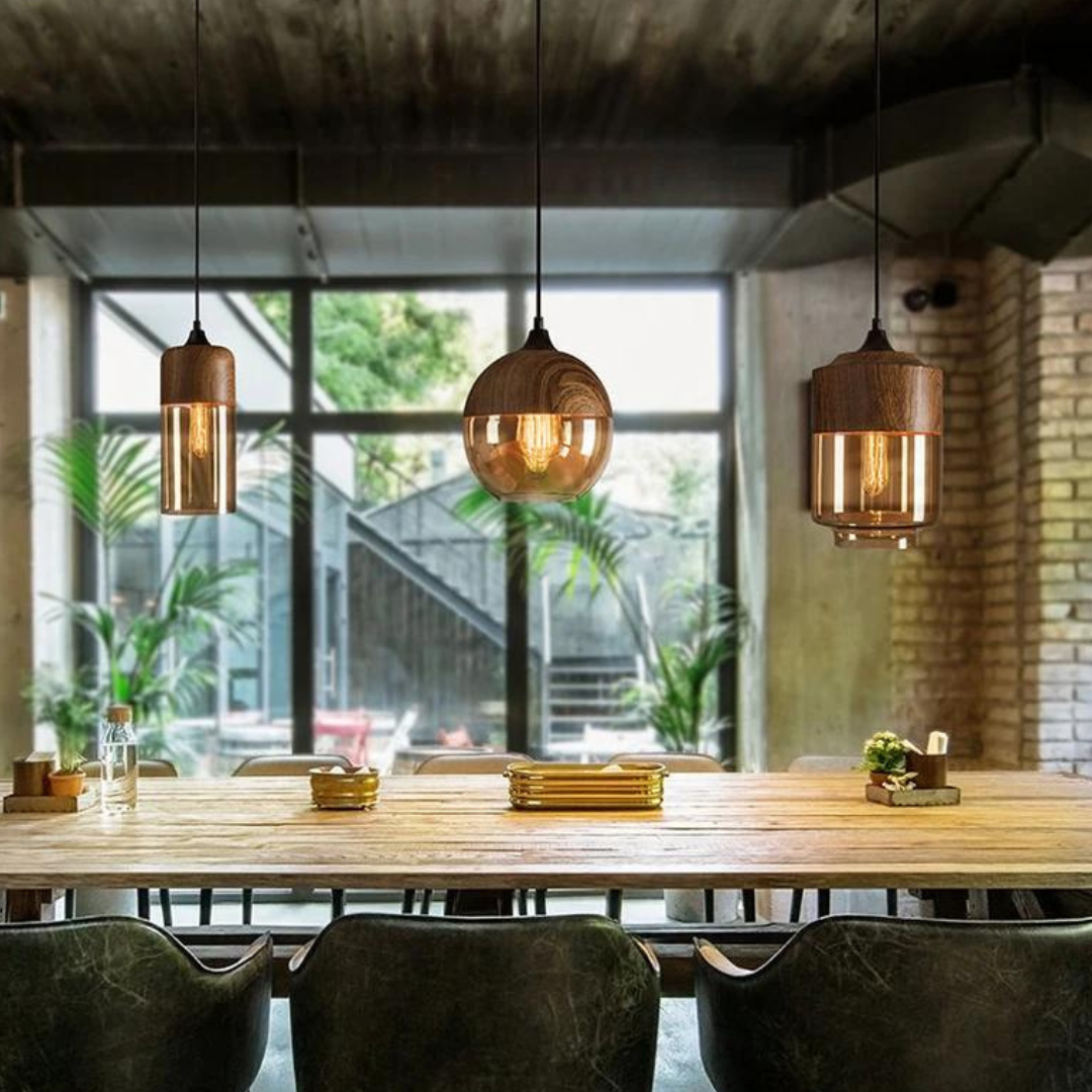 Glass Pendant Light with Wood-Look Metal – Scandinavian Hanging Fixture for Dining Room, Bedroom & Living Room