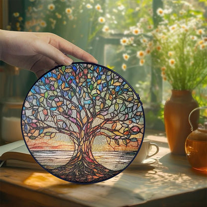 Stained Glass Tree of Life Sun Catcher Window Ornament for Home & Garden – Handcrafted Rainbow Light Prism Hanging Decor