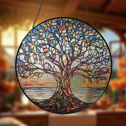 Stained Glass Tree of Life Sun Catcher Window Ornament for Home & Garden – Handcrafted Rainbow Light Prism Hanging Decor