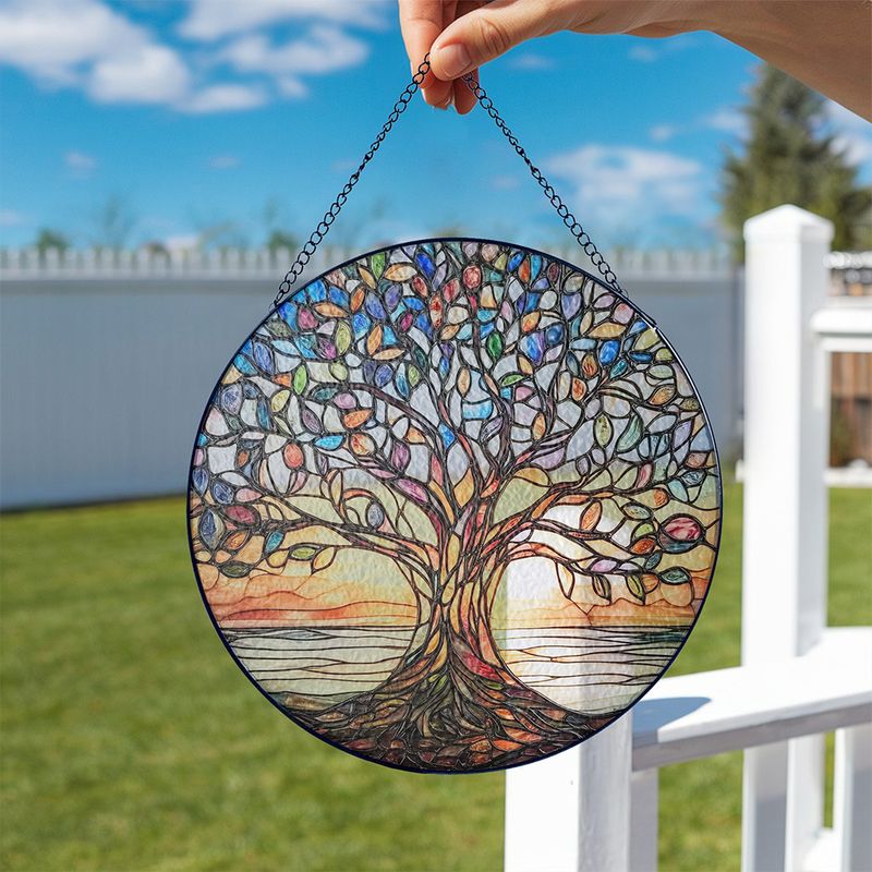 Stained Glass Tree of Life Sun Catcher Window Ornament for Home & Garden – Handcrafted Rainbow Light Prism Hanging Decor