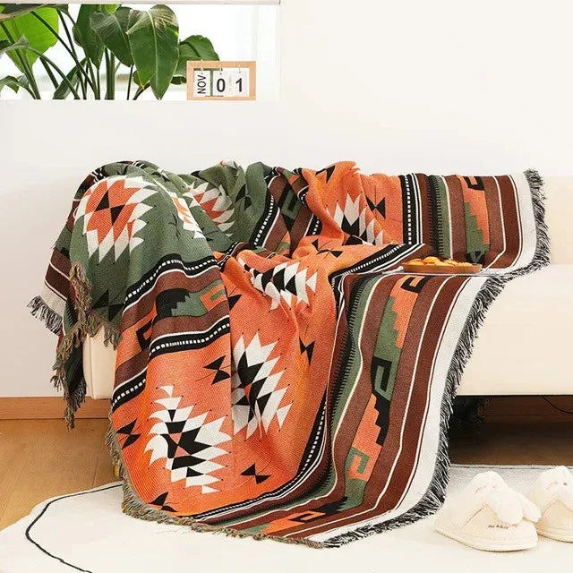 Jacquard Woven Accent Blanket with Fringe for Couch Bed Chair 51x63 in 63x87 in Multicolor Cotton Poly Blend Bohemian Home Decor