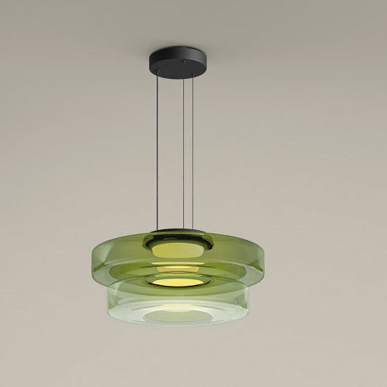 Stacked Glass Shade Ceiling Fixture 18 in Diameter Adjustable Height 12W Warm LED Kitchen Island Dining Room Modern Sculptural Hanging Light