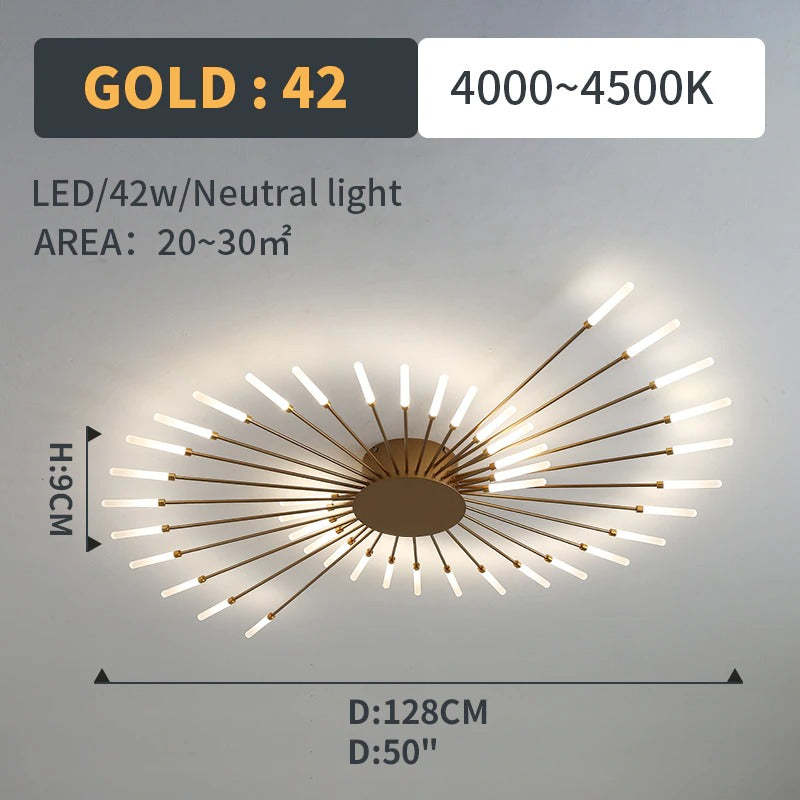 Starburst Flush Mount Ceiling Light Black Gold Modern Firework LED Fixture Bedroom Living Room Natural White Hardwired Indoor