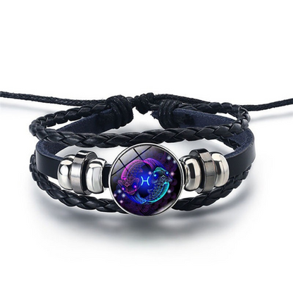 Adjustable Leather Zodiac Bracelet with Blue Stone Charm for Men & Women | Classic Wrist Cuff with Astrology Symbol | Handcrafted Steel &