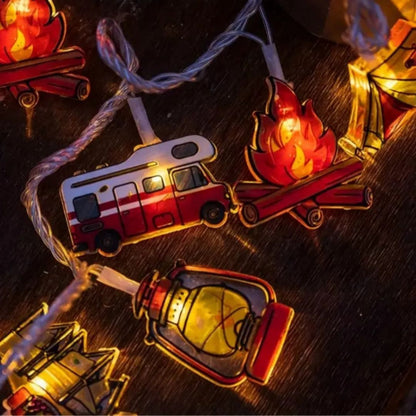 Camping-Themed LED Fairy Lights – Battery-Powered Indoor Outdoor String Lights with Tent, Campfire & Lantern Icons for Patio, Backyard &