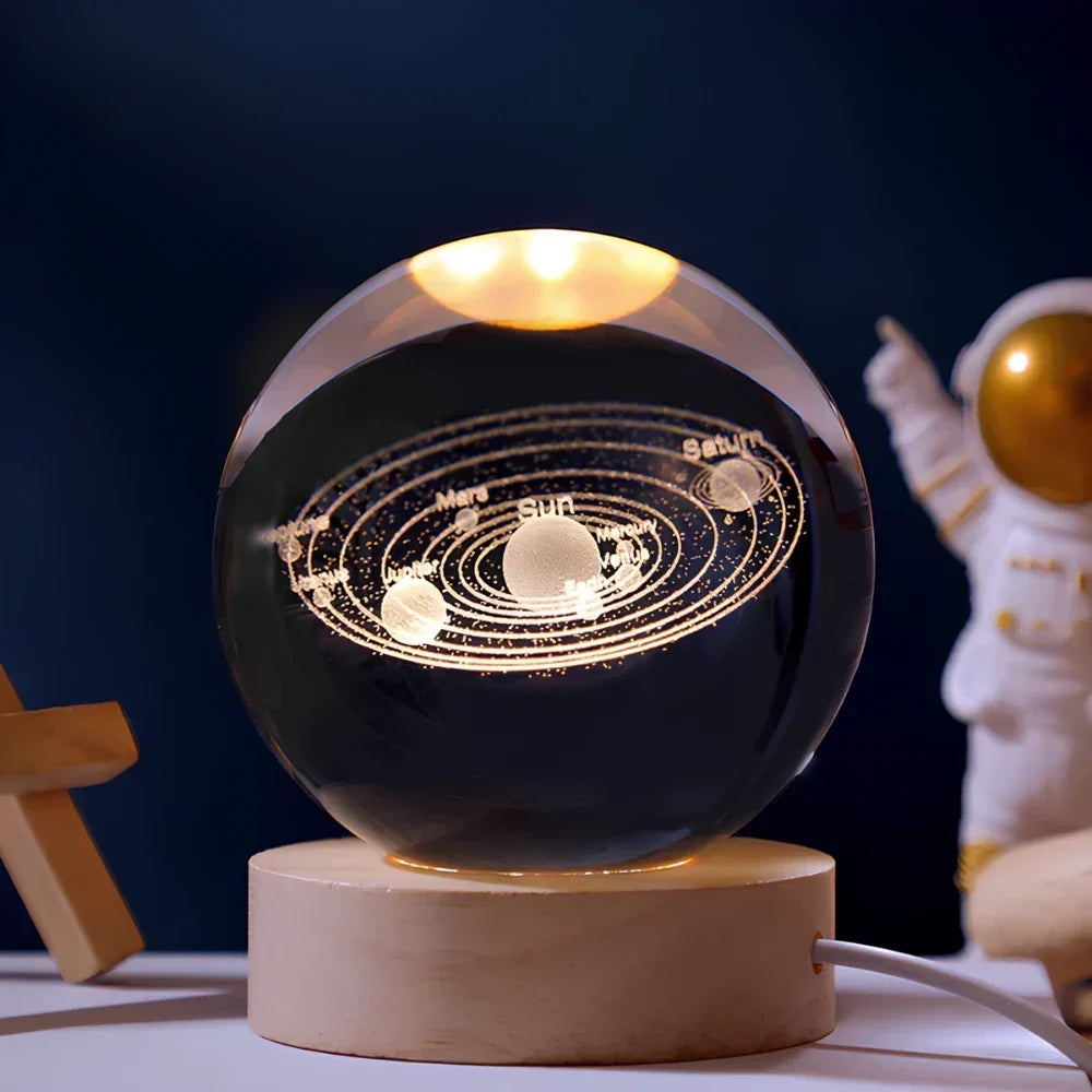 3D Engraved Crystal Planet Sphere Night Light on Wood Base USB Powered Desk Lamp Warm White LED Glow for Bedroom Living Room Nursery Space