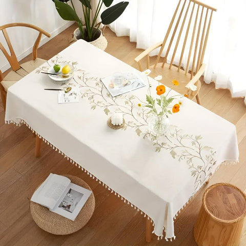 Pinegrove Tablecloth - Cotton-Linen Blend, Embroidered Floral Design