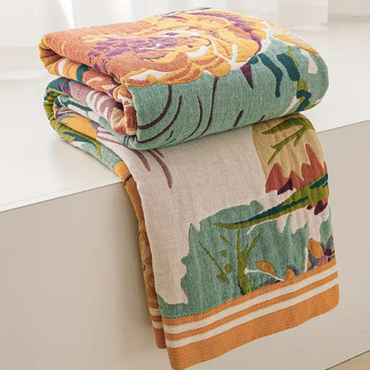 Reversible Cotton Throw Blanket with Jacquard Floral Pattern for Couch, Bed, Year-Round Comfort & Elegant Home Decor