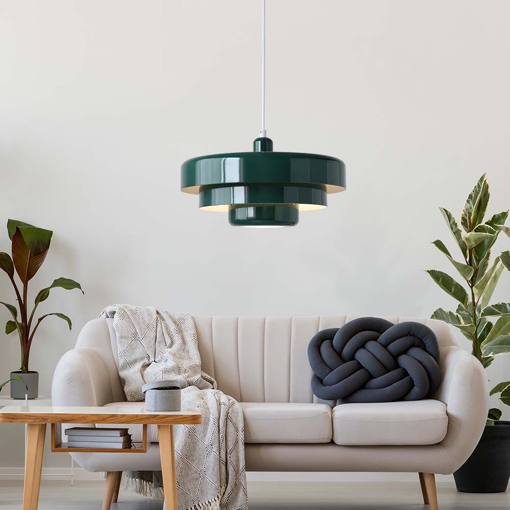 Round Metal Pendant Light 14-Inch Industrial Farmhouse Ceiling Fixture for Kitchen Island Dining Room Bedroom E26 Socket Green Orange