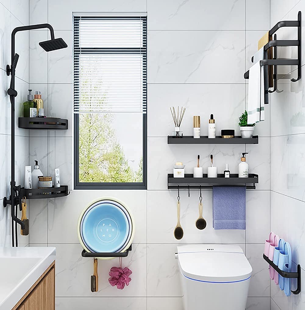 Wall-Mount Aluminum Bathroom Bar for Hand Towels & Washcloths – Black Triple-Rail Storage for Shower, Laundry & Kitchen – Space-Saving Dryin